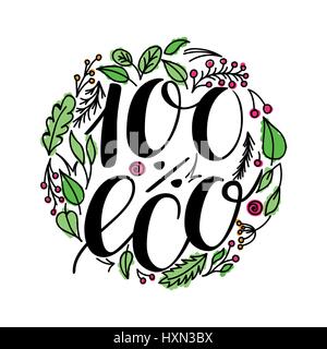 100 Prozent Öko-Lebensmittel-Menü-Icons. Handgeschriebenen Schriftzug Zusammensetzung auf grün isoliert auf weiss. Vektor-Illustration. Stock Vektor