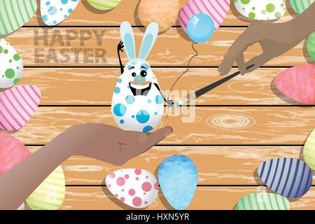 Ostern schöne Abbildung. Osterei - ein Kaninchen mit einem blauen Ballon Luft. Künstler malen mit dem Pinsel. Stock Vektor