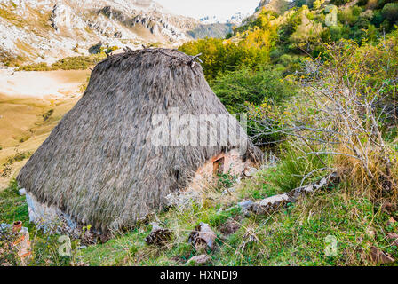 Reetdach in Valle del Lago. Somiedo, Fürstentum Asturien, Spanien, Europa Stockfoto