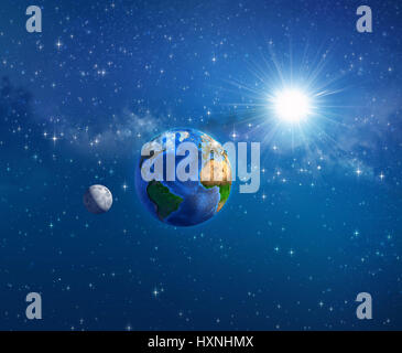 Planetenerde, der Mond und die Sonne hinter in den Weltraum. Elemente dieses Bildes vom NASA - 3D Illustration. Stockfoto
