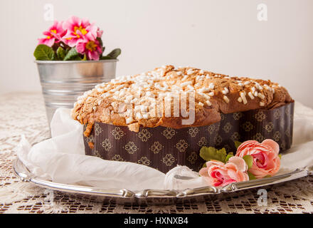 Ostern Taube auf einem Brett mit Spitzen Tischdecke und ein Glas mit Primeln. Stockfoto