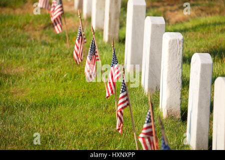 Amerikanische Flaggen in der Nähe von Grabsteinen auf dem Nationalfriedhof Arlington in Virginia Stockfoto