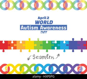 World Autism Awareness Day, 2. April 2017. Reihe von Design-Elementen. Nahtlose Grenzen Puzzleteile und Unendlichkeitssymbol Regenbogen Farbe bedeutet Vielfalt der Stock Vektor