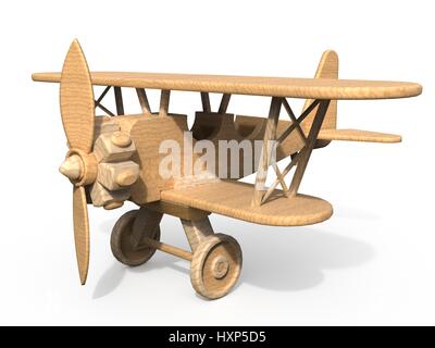 Hölzernes Spielzeug Flugzeug 3D Render Abbildung isoliert auf weißem Hintergrund Stockfoto