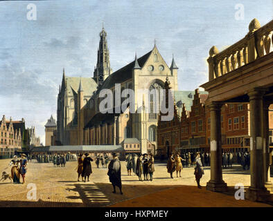 Der Marktplatz und der Grote Kerk in Haarlem 1674 Gerrit Berckheyde 1638-1698 Niederlande Niederlande (der Marktplatz in Haarlem von Nordwesten aus neben dem Rathaus, dem dorischen, das Portikus von denen auf der rechten Seite ist. Auf der gegenüberliegenden Seite des Platzes ist der 15. Jahrhundert Grote Kerk (Kirche St. Bavo) und die "Vleeshal" (Fleischmarkt)) Stockfoto