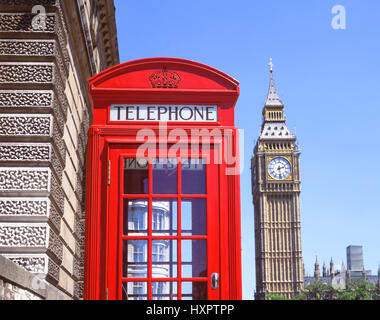 Rote Telefonzelle und Big Ben, Parliament Square, City of Westminster, Greater London, England, Vereinigtes Königreich Stockfoto