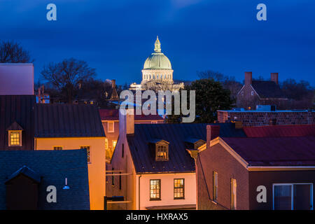 Blick von der United States Naval Academy Kapelle nachts in Annapolis, Maryland. Stockfoto