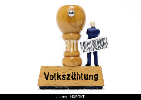 Miniatur-Abbildung mit Barcode auf einer Briefmarke mit dem Schlaganfall Zensus Miniaturfigur Mit Strichcode Auf Einem Stempel Mit Dem Schriftzug Volkszählung Stockfoto