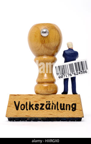 Miniatur-Abbildung mit Barcode auf einer Briefmarke mit dem Schlaganfall Zensus Miniaturfigur Mit Strichcode Auf Einem Stempel Mit Dem Schriftzug Volkszählung Stockfoto