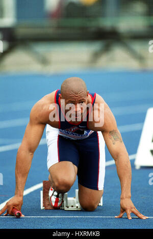 MAURICE GREENE 100 m SCOTSTOUN Stadion GLASGOW Schottland 2. Juli 2000 Stockfoto