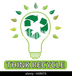 Illustration der Glühbirne mit Recycling-Symbol im Inneren mit Blättern rund um Stock Vektor