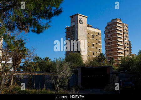 Verlassene Gebäude in Varosha, südlichen Viertel von der zypriotischen Stadt Famagusta in Nordzypern Stockfoto