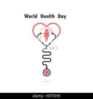 Globus-Zeichen, menschlichen Symbol und Stethoskop Symbol mit Herz-Form-Vektor-Logo-Design-Vorlage. Welt-Gesundheitstag-Symbol. World Health Day Idee Kampagne Konzept f Stock Vektor