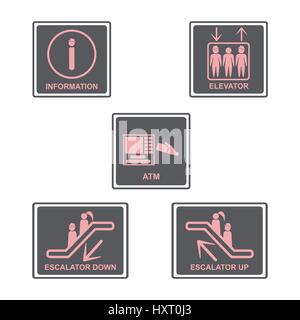 Informationen-Schild. Aufzug-Schild, unterzeichnen Rolltreppen. Automated Teller Machine. ATM-Zeichen. Menschen Symbole festgelegt. Vektor-illustration Stock Vektor