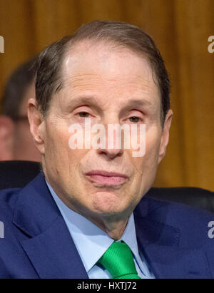 Washington DC, USA. 30. März 2017. Vereinigte Staaten Senator Ron Wyden (Demokrat of Oregon), Fragen der Zeugen während uns Senate Select Committee on Intelligence öffentliche Anhörung mit dem Titel "Desinformation: A Primer in russischen aktive Maßnahmen und Einfluss Kampagnen auf dem Capitol Hill in Washington, DC auf Donnerstag, 30. März 2017. Bildnachweis: Ron Sachs/CNP/MediaPunch/Alamy Live-Nachrichten Stockfoto