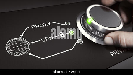 Mann mit Hilfe eines Schalters eine sichere VPN-Verbindung auswählen. Virtuelles Netzwerk und Online-Datenschutz-Konzept. Zusammengesetztes Bild zwischen einem Hand-Foto Stockfoto