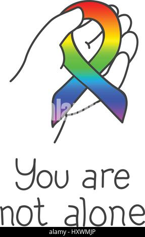 Sie Ane nicht allein. World Autism Awareness Day, 2. April 2017. Childs Hand hält eine Band. Regenbogen Farbe symbolisiert die Vielfalt der Autismus-Spektrum. VEC Stock Vektor