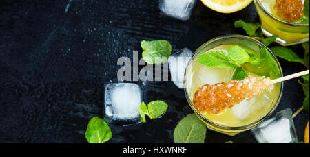 Frische Getränke mit Zitrone und Minze, citrus Cocktail Gläser mit Eiswürfeln und Minze Stockfoto