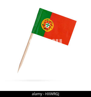 Miniatur-Papier-Flagge Portugal. Isoliert auf weißem Hintergrund. Mit Schatten unten Stockfoto