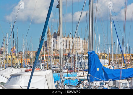 PALMA DE MALLORCA, Balearen, Spanien - 28. März 2017: Masten in Marina Closeup und Kathedrale an einem sonnigen Tag am 28. März 2017 in Palma de Mallor Stockfoto