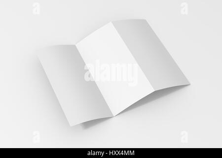 Leere Trifold-Papier-Broschüre auf weißem Hintergrund mit weichen Schatten und highlights Stockfoto