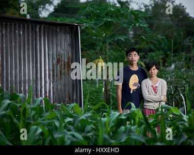 Mapopo Landwirte in den neuen Gebieten, Hong Kong.  Nur sieben Quadratkilometer Ackerland gibt es jetzt in Hong Kong.  Sie kämpfen, Regierung, zu halten. Stockfoto