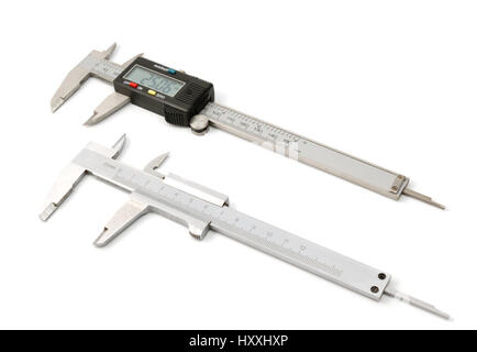 Kollektion Tools - Edelstahl und digitale Bremssättel auf weißem Hintergrund. Die Präzisions-Werkzeug. Stockfoto