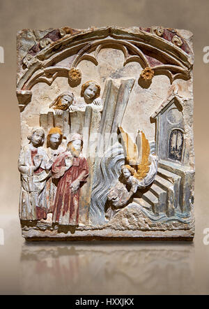 Späten 13. Jahrhundert gotische Basrelief Darstellung das Wunder von St. Michael in Mont St. Michael durchgeführt. Der Meister des Sant Mateu. Inv-MNAC 45846 45845. Stockfoto