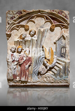 Späten 13. Jahrhundert gotische Basrelief Darstellung das Wunder von St. Michael in Mont St. Michael durchgeführt. Der Meister des Sant Mateu. Inv-MNAC 45846 45845. Stockfoto