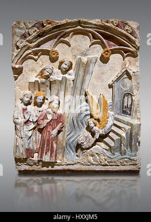 Späten 13. Jahrhundert gotische Basrelief Darstellung das Wunder von St. Michael in Mont St. Michael durchgeführt. Der Meister des Sant Mateu. Inv-MNAC 45846 45845. Stockfoto