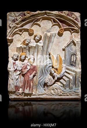 Späten 13. Jahrhundert gotische Basrelief Darstellung das Wunder von St. Michael in Mont St. Michael durchgeführt. Der Meister des Sant Mateu. Inv-MNAC 45846 45845. Stockfoto