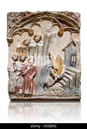 Späten 13. Jahrhundert gotische Basrelief Darstellung das Wunder von St. Michael in Mont St. Michael durchgeführt. Der Meister des Sant Mateu. Inv-MNAC 45846 45845. Stockfoto