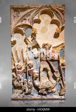 Späten 13. Jahrhundert gotische Basrelief Darstellung das Wunder von St. Michael in Mont St. Michael durchgeführt. Der Meister des Sant Mateu. Inv-MNAC 45846 45845. Stockfoto