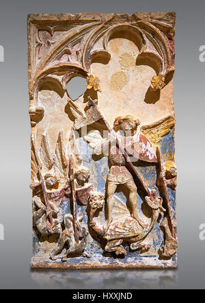 Späten 13. Jahrhundert gotische Basrelief Darstellung das Wunder von St. Michael in Mont St. Michael durchgeführt. Der Meister des Sant Mateu. Inv-MNAC 45846 45845. Stockfoto