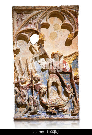 Späten 13. Jahrhundert gotische Basrelief Darstellung das Wunder von St. Michael in Mont St. Michael durchgeführt. Der Meister des Sant Mateu. Inv-MNAC 45846 45845. Stockfoto