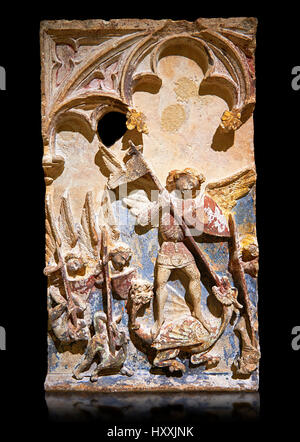 Späten 13. Jahrhundert gotische Basrelief Darstellung das Wunder von St. Michael in Mont St. Michael durchgeführt. Der Meister des Sant Mateu. Inv-MNAC 45846 45845. Stockfoto