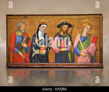 Gotische Altar Panel, von links - St. Peter, St. Clara, St. James größer, St. John. C.1385 von Pere Serra, Kathedrale von Tortosa. Inv-MNAC 3950, 3948, 3949 Stockfoto