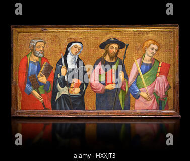 Gotische Altar Panel, von links - St. Peter, St. Clara, St. James größer, St. John. C.1385 von Pere Serra, Kathedrale von Tortosa. Inv-MNAC 3950, 3948, 3949 Stockfoto