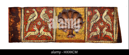 Gotische malte dekorative Beam Panels mit Tauben, Hasen und einem geschnitzten Syalise Baum, Tempera auf Holz. National Museum für katalanische Kunst (MNAC), Barcelona, Stockfoto