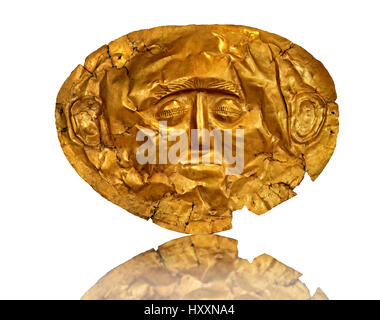 Goldene Totenmaske von Grab IV, Grab Kreis A, Mykene. 16. Jahrhundert V.Chr. 16. Jahrhundert V.Chr. Katze Nr. 253 Athen Archäologisches Museum. Stockfoto