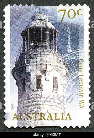 Australien - ca. 2015: Eine gebrauchte Briefmarke aus Australien, ein Bild von den Leuchtturm am Cape Leeuwin - die meisten südwestlicher Festland p Stockfoto