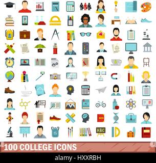 100 College Icons set, flach Stil Stock Vektor