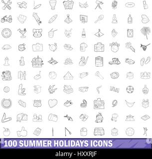 100 Sommerferien Symbole festlegen, skizzieren Stil Stock Vektor