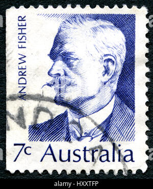 Australien - ca. 1972: Eine gebrauchte Briefmarke aus Australien, zeigt ein Porträt des ehemaligen australischen Premierminister Andrew Fisher, ca. 1972. Stockfoto