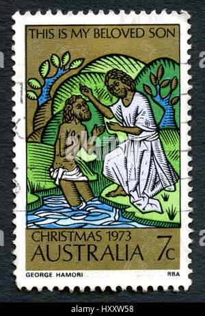 Australien - CIRCA 1973: Eine gebrauchte Briefmarke aus Australien, eine biblische Darstellung zum Gedenken an Weihnachten, circa 1973 darstellt. Stockfoto