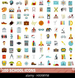 100 Schule Symbole festlegen, flache Stil Stock Vektor