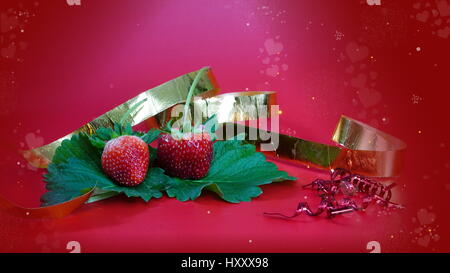 Erdbeere auf roten Herzen Hintergrund. Erdbeer-Aroma und Duft sind beliebt, Erdbeere sind weit verbreitet in einer Vielzahl von Herstellung verwendet. Stockfoto