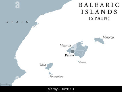 Balearischen Inseln politische Karte mit Hauptstadt Palma. Mallorca, Menorca, Ibiza, Formentera. Spaniens autonome Gemeinschaft im Mittelmeer. Stockfoto