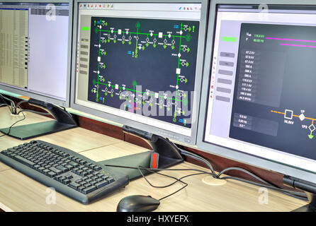 Computer und Monitore mit Schaltplan für Aufsichts-, Steuerung und Datenerfassung in moderne elektrische Leitwarte Stockfoto