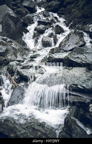 Kleiner Wasserfall auf dem Weg nach Garibaldi See im Garibaldi Provincial Park, BC, Kanada. Stockfoto